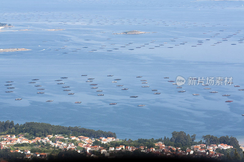 “Bateas”在ria de Arousa, Rias Baixas，加利西亚，西班牙。从上面看